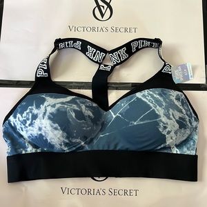 Victoria’s Secret pink wide stripe large logo blue marble ultimate sport bra